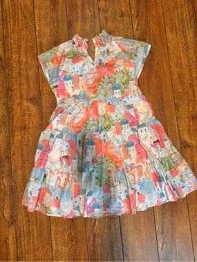 Shop the Mint Girls Watercolor Castle Print Tiered Dress in Coral & Blue